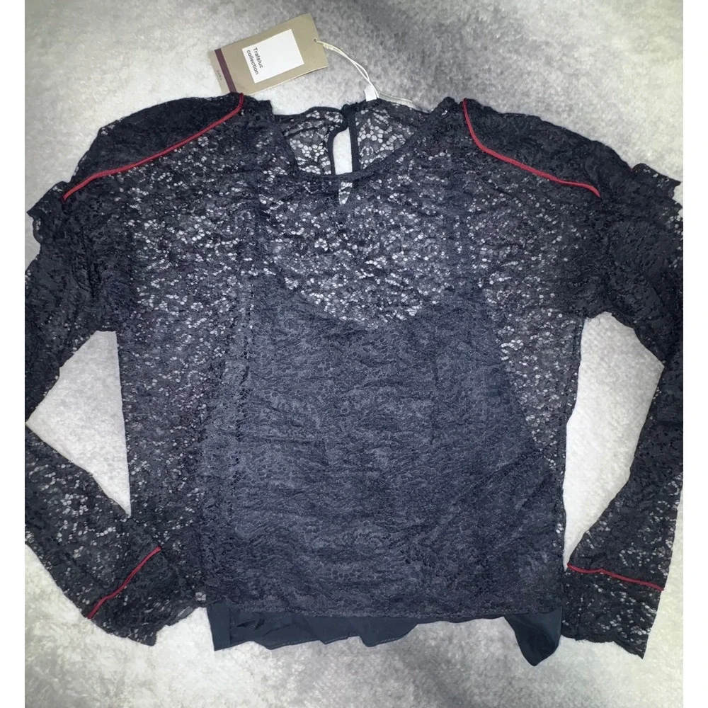 (B6) Zara Navy Blue Floral Lace Long Sleeve Blouse Red Piping Sheer Top XS NWT